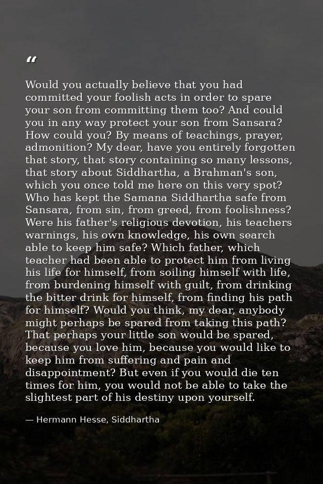 Would you actually believe that you had committed your foolish acts in order to spare your son from committing them too? — Hermann Hesse, Siddhartha