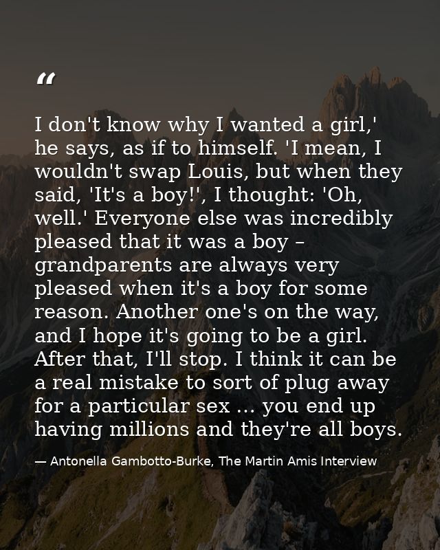 I don't know why I wanted a girl,' he says, as if to himself. 'I mean, I wouldn't swap Louis, but when they said, 'It's  — Antonella Gambotto-Burke, The Martin Amis Interview