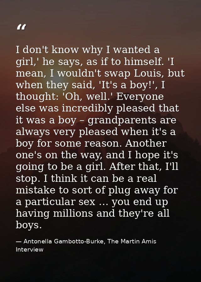 I don't know why I wanted a girl,' he says, as if to himself. 'I mean, I wouldn't swap Louis, but when they said, 'It's  — Antonella Gambotto-Burke, The Martin Amis Interview