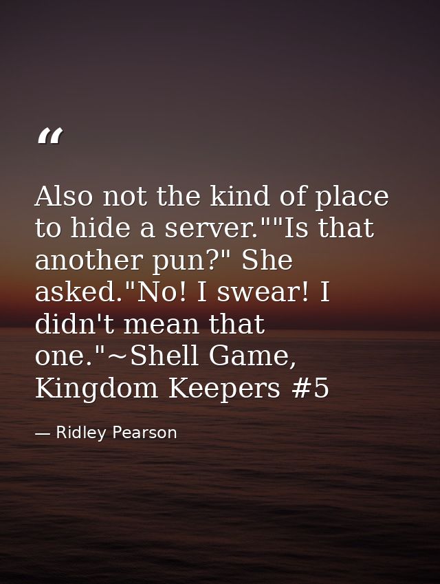 Also not the kind of place to hide a server.""Is that another pun?" She asked."No! I swear! I didn't mean that one."~She — Ridley Pearson
