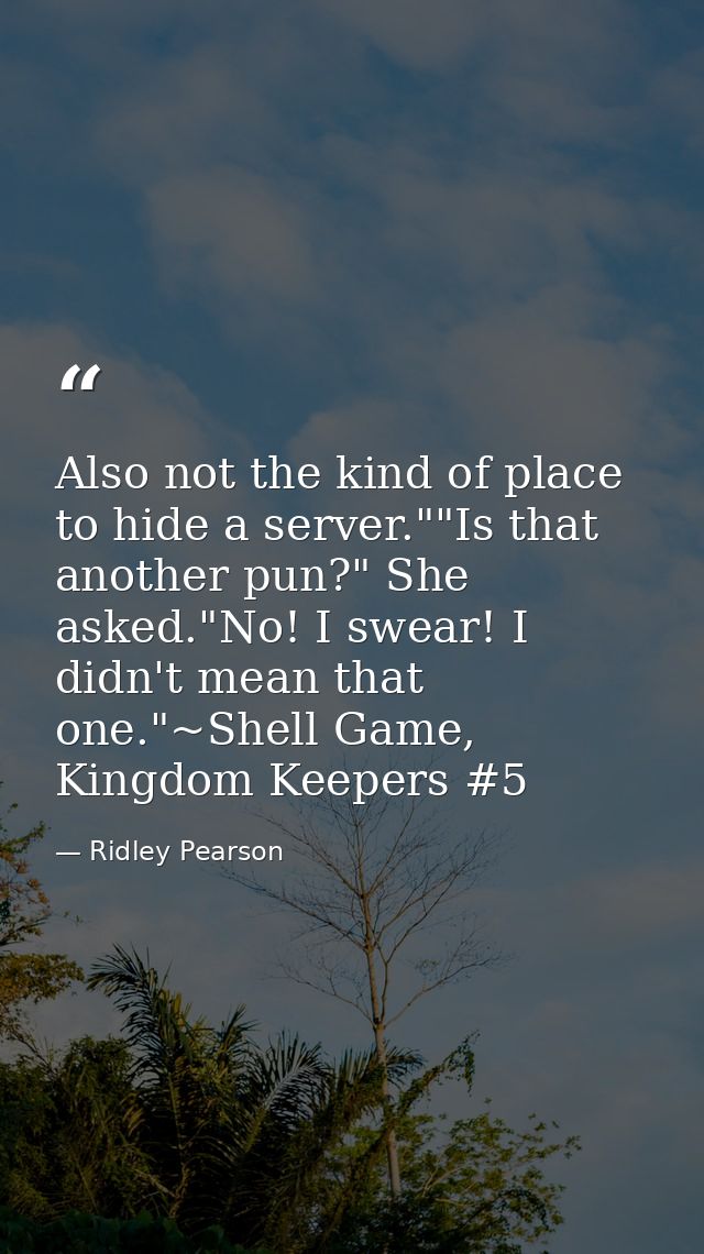 Also not the kind of place to hide a server.""Is that another pun?" She asked."No! I swear! I didn't mean that one."~She — Ridley Pearson