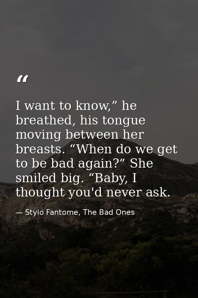 I want to know,” he breathed, his tongue moving between her breasts. “When do we get to be bad again?” She smiled big. “ — Stylo Fantome, The Bad Ones