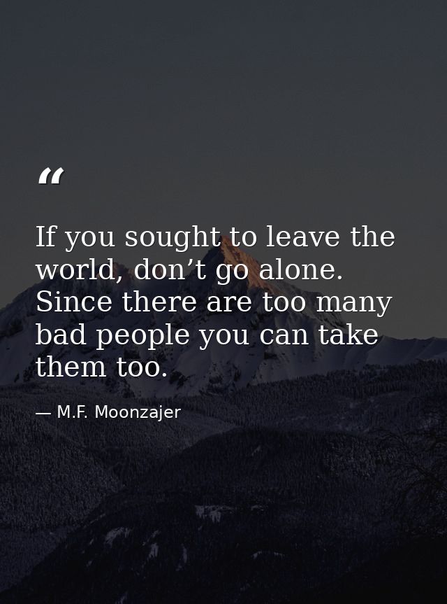 If you sought to leave the world, don’t go alone. Since there are too many bad people you can take them too. — M.F. Moonzajer