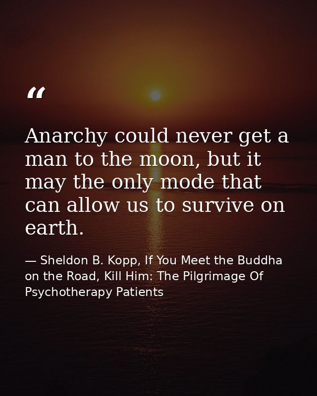 Anarchy could never get a man to the moon, but it may the only mode that can allow us to survive on earth. — Sheldon B. Kopp, If You Meet the Buddha on the Road, Kill Him: The Pilgrimage Of Psychotherapy Patients