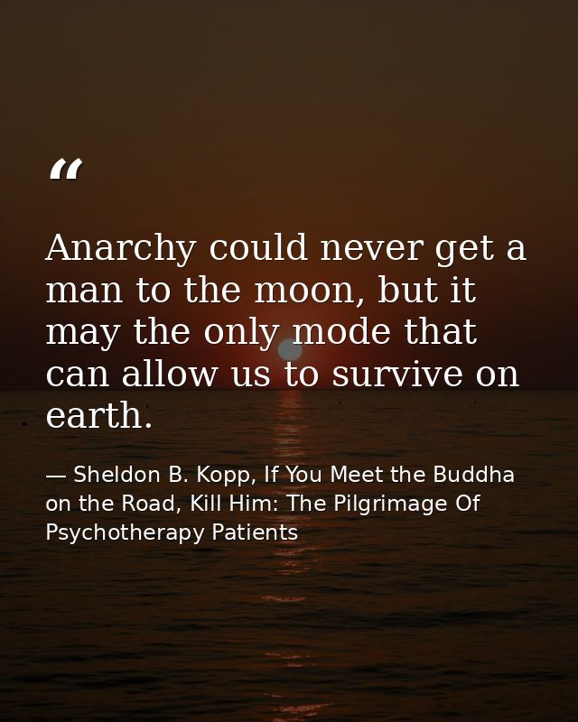 Anarchy could never get a man to the moon, but it may the only mode that can allow us to survive on earth. — Sheldon B. Kopp, If You Meet the Buddha on the Road, Kill Him: The Pilgrimage Of Psychotherapy Patients