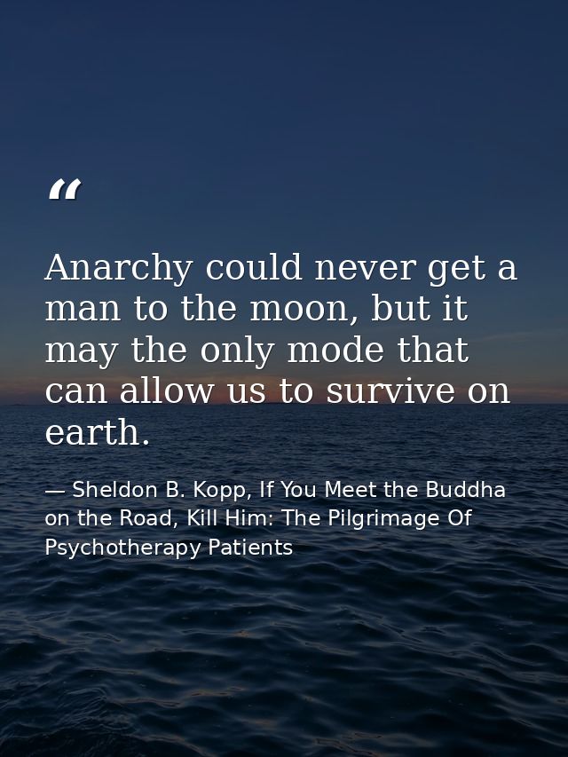 Anarchy could never get a man to the moon, but it may the only mode that can allow us to survive on earth. — Sheldon B. Kopp, If You Meet the Buddha on the Road, Kill Him: The Pilgrimage Of Psychotherapy Patients