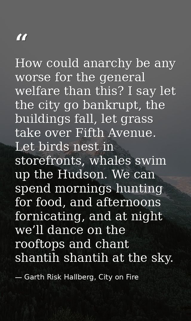 How could anarchy be any worse for the general welfare than this? I say let the city go bankrupt, the buildings fall, le — Garth Risk Hallberg, City on Fire