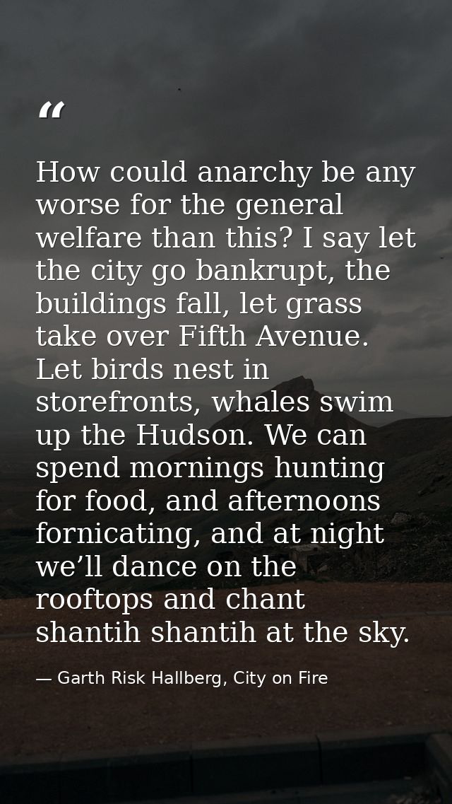 How could anarchy be any worse for the general welfare than this? I say let the city go bankrupt, the buildings fall, le — Garth Risk Hallberg, City on Fire