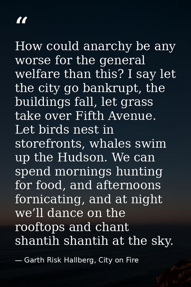 How could anarchy be any worse for the general welfare than this? I say let the city go bankrupt, the buildings fall, le — Garth Risk Hallberg, City on Fire