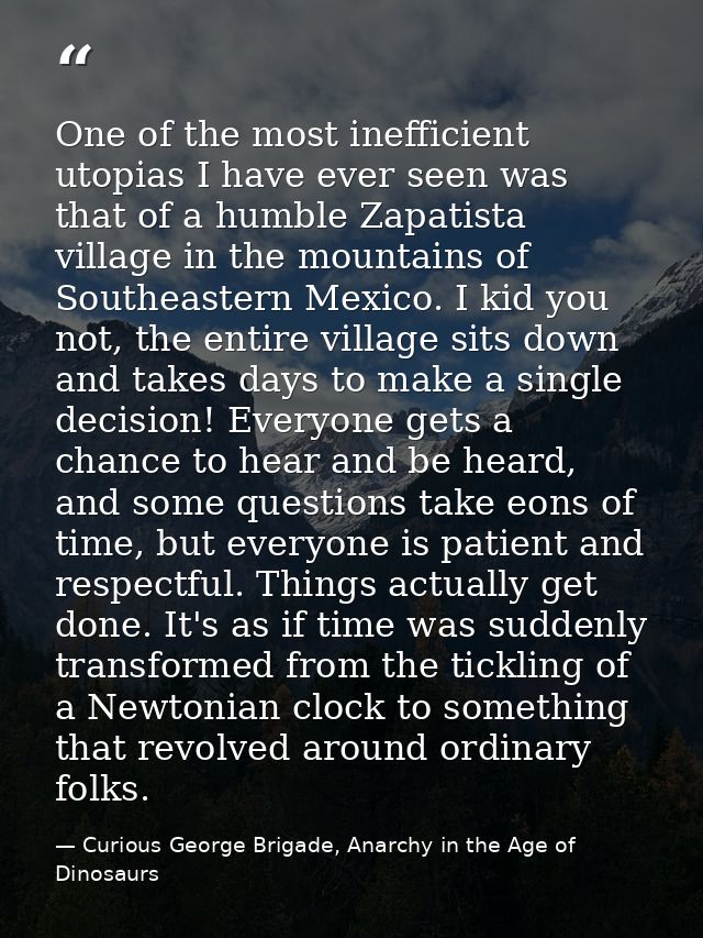 One of the most inefficient utopias I have ever seen was that of a humble Zapatista village in the mountains of Southeas — Curious George Brigade, Anarchy in the Age of Dinosaurs