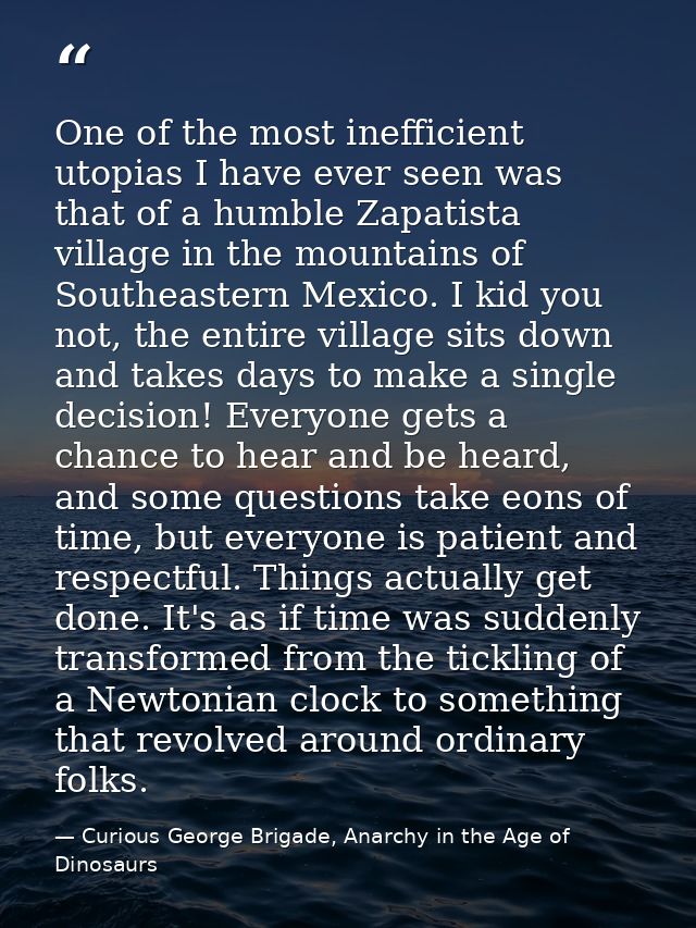 One of the most inefficient utopias I have ever seen was that of a humble Zapatista village in the mountains of Southeas — Curious George Brigade, Anarchy in the Age of Dinosaurs