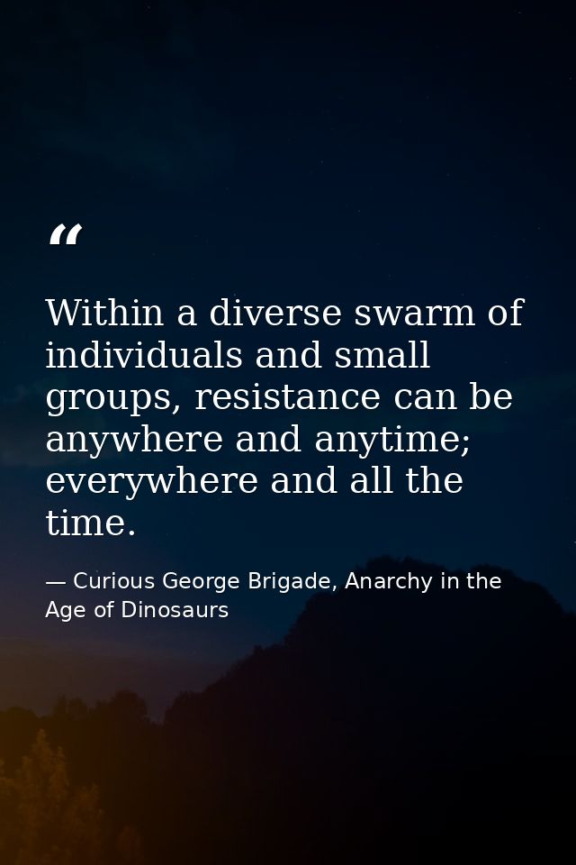 Within a diverse swarm of individuals and small groups, resistance can be anywhere and anytime; everywhere and all the t — Curious George Brigade, Anarchy in the Age of Dinosaurs
