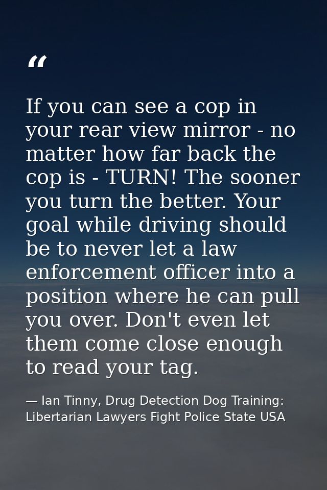 If you can see a cop in your rear view mirror - no matter how far back the cop is - TURN! The sooner you turn the better — Ian Tinny, Drug Detection Dog Training: Libertarian Lawyers Fight Police State USA