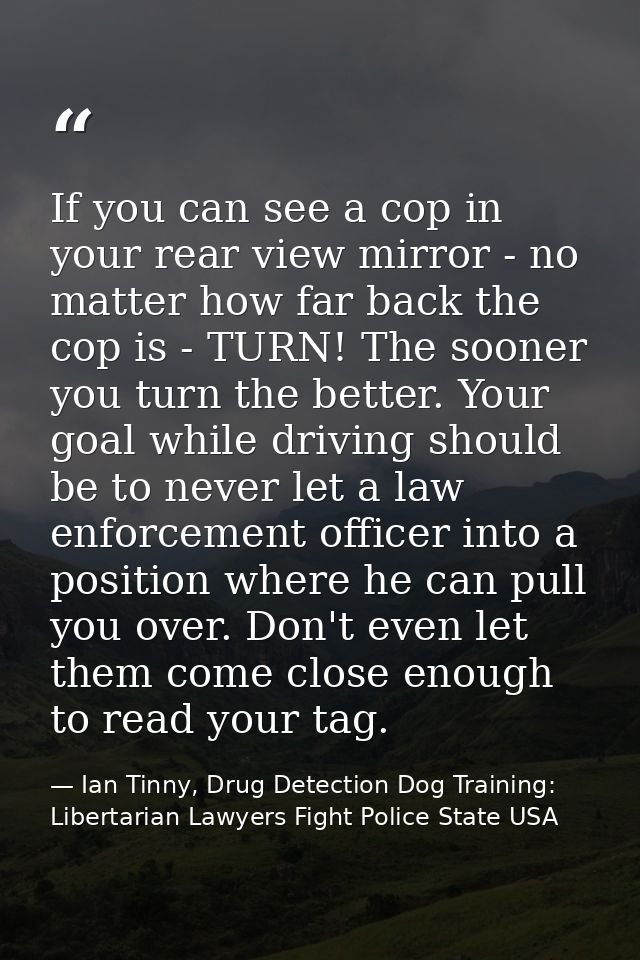 If you can see a cop in your rear view mirror - no matter how far back the cop is - TURN! The sooner you turn the better — Ian Tinny, Drug Detection Dog Training: Libertarian Lawyers Fight Police State USA