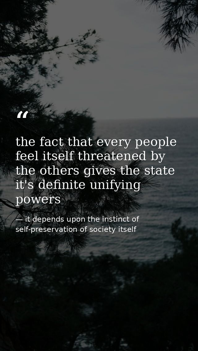 the fact that every people feel itself threatened by the others gives the state it's definite unifying powers — it depends upon the instinct of self-preservation of society itself