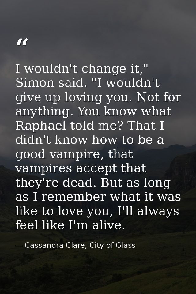 I wouldn't change it," Simon said. "I wouldn't give up loving you. Not for anything. You know what Raphael told me? That — Cassandra Clare, City of Glass