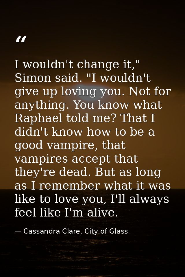 I wouldn't change it," Simon said. "I wouldn't give up loving you. Not for anything. You know what Raphael told me? That — Cassandra Clare, City of Glass
