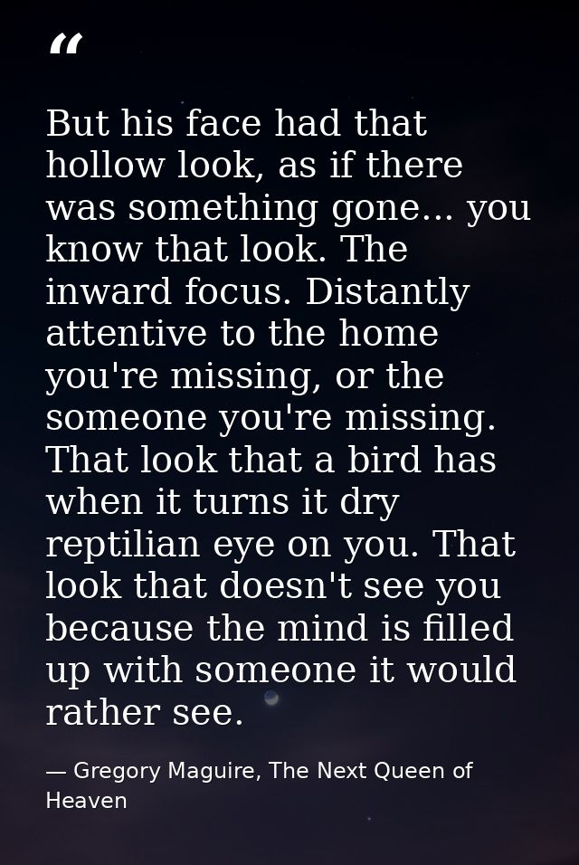 But his face had that hollow look, as if there was something gone... you know that look. The inward focus. Distantly att — Gregory Maguire, The Next Queen of Heaven