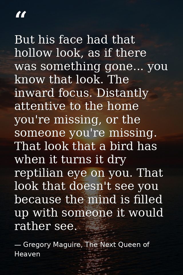 But his face had that hollow look, as if there was something gone... you know that look. The inward focus. Distantly att — Gregory Maguire, The Next Queen of Heaven