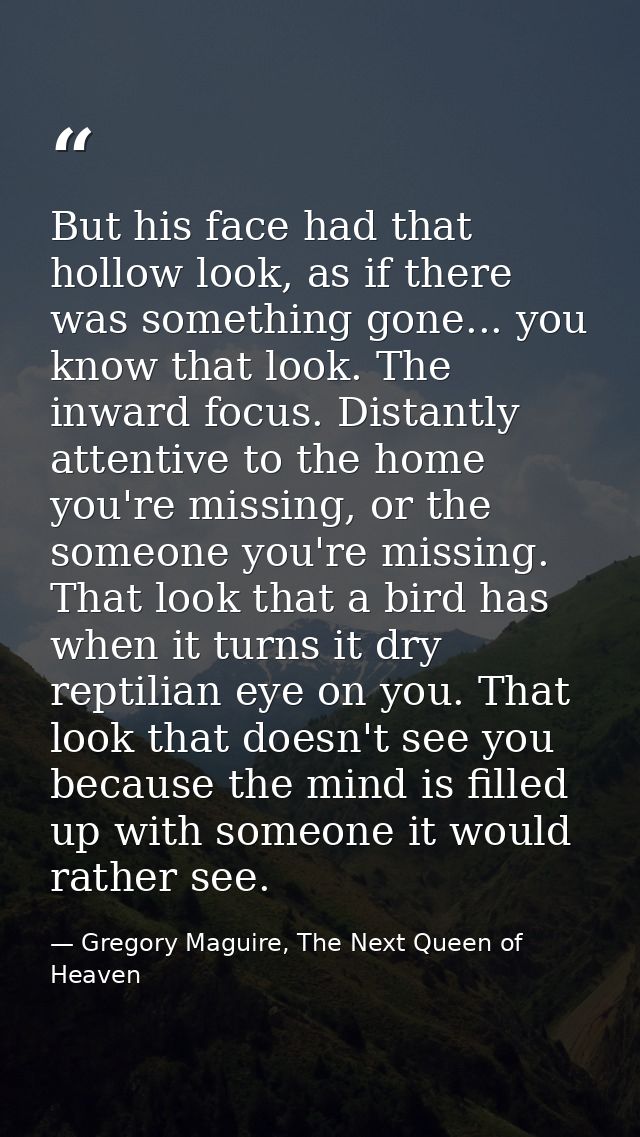 But his face had that hollow look, as if there was something gone... you know that look. The inward focus. Distantly att — Gregory Maguire, The Next Queen of Heaven