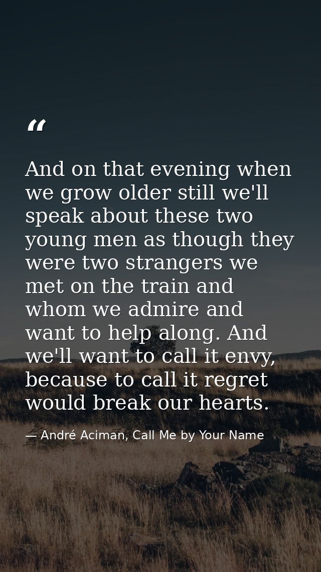 And on that evening when we grow older still we'll speak about these two young men as though they were two strangers we  — André Aciman, Call Me by Your Name