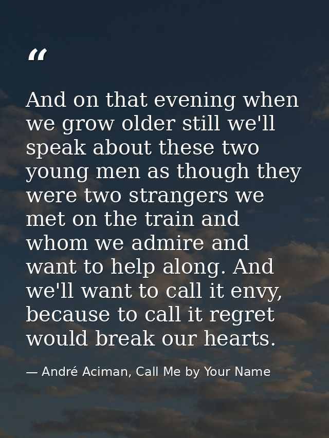 And on that evening when we grow older still we'll speak about these two young men as though they were two strangers we  — André Aciman, Call Me by Your Name