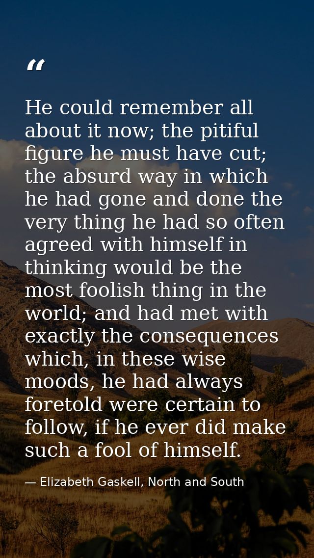 He could remember all about it now; the pitiful figure he must have cut; the absurd way in which he had gone and done th — Elizabeth Gaskell, North and South