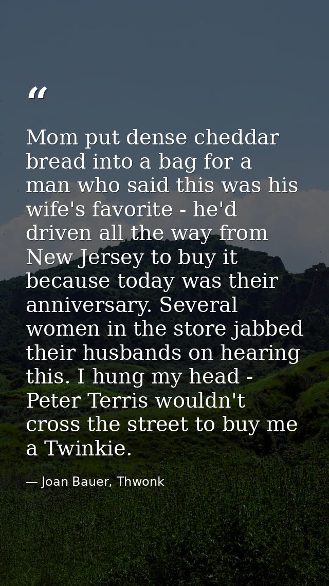 Mom put dense cheddar bread into a bag for a man who said this was his wife's favorite - he'd driven all the way from Ne — Joan Bauer, Thwonk