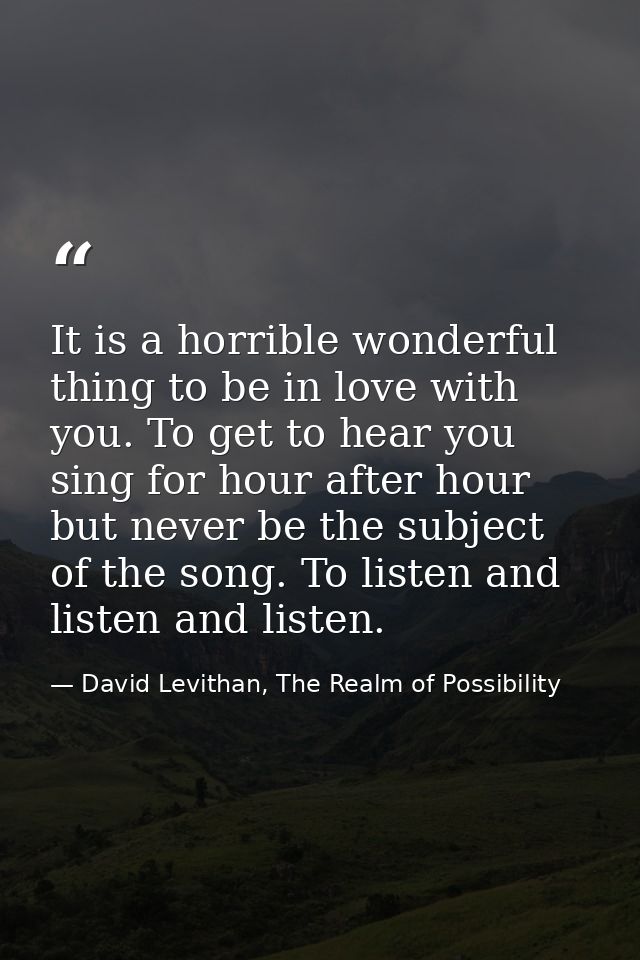 It is a horrible wonderful thing to be in love with you. To get to hear you sing for hour after hour but never be the su — David Levithan, The Realm of Possibility