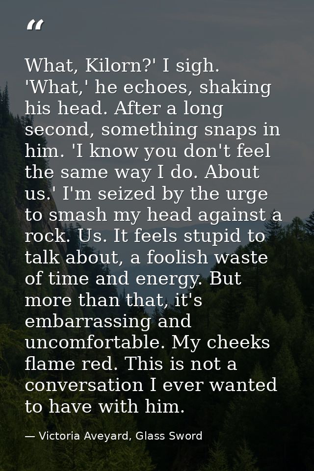 What, Kilorn?' I sigh. 'What,' he echoes, shaking his head. After a long second, something snaps in him. 'I know you don — Victoria Aveyard, Glass Sword
