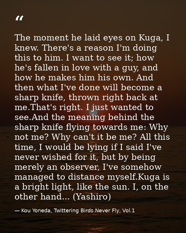 The moment he laid eyes on Kuga, I knew. There's a reason I'm doing this to him. I want to see it; how he's fallen in lo — Kou Yoneda, Twittering Birds Never Fly, Vol.1