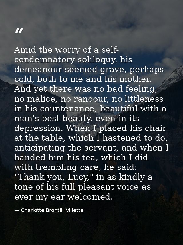 Amid the worry of a self- condemnatory soliloquy, his demeanour seemed grave, perhaps cold, both to me and his mother. A — Charlotte Brontë, Villette