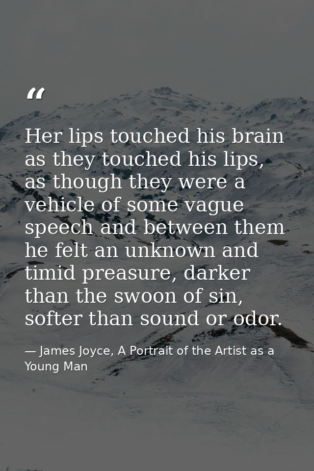 Her lips touched his brain as they touched his lips, as though they were a vehicle of some vague speech and between them — James Joyce, A Portrait of the Artist as a Young Man