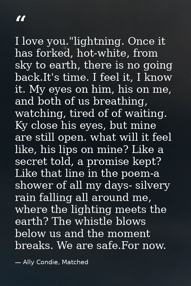 I love you."lightning. Once it has forked, hot-white, from sky to earth, there is no going back.It's time. I feel it, I  — Ally Condie, Matched