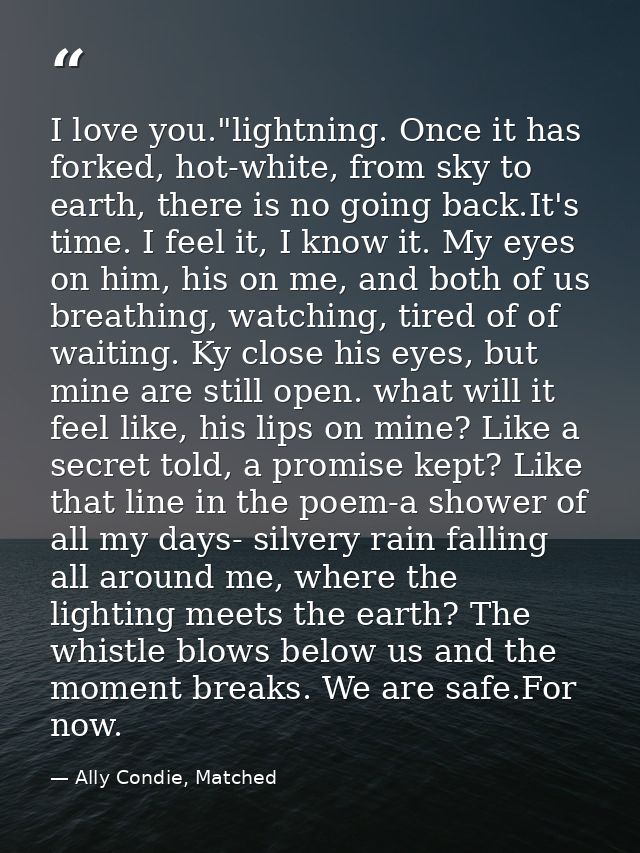 I love you."lightning. Once it has forked, hot-white, from sky to earth, there is no going back.It's time. I feel it, I  — Ally Condie, Matched
