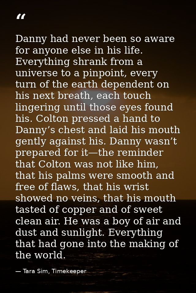 Danny had never been so aware for anyone else in his life. Everything shrank from a universe to a pinpoint, every turn o — Tara Sim, Timekeeper