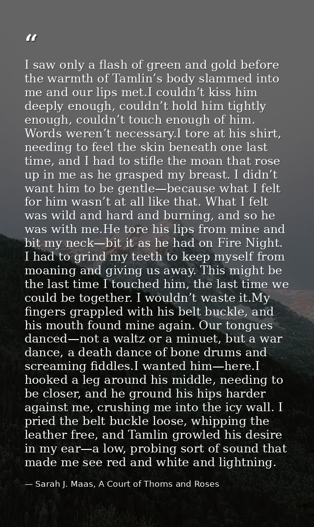 I saw only a flash of green and gold before the warmth of Tamlin’s body slammed into me and our lips met.I couldn’t kiss — Sarah J. Maas, A Court of Thorns and Roses