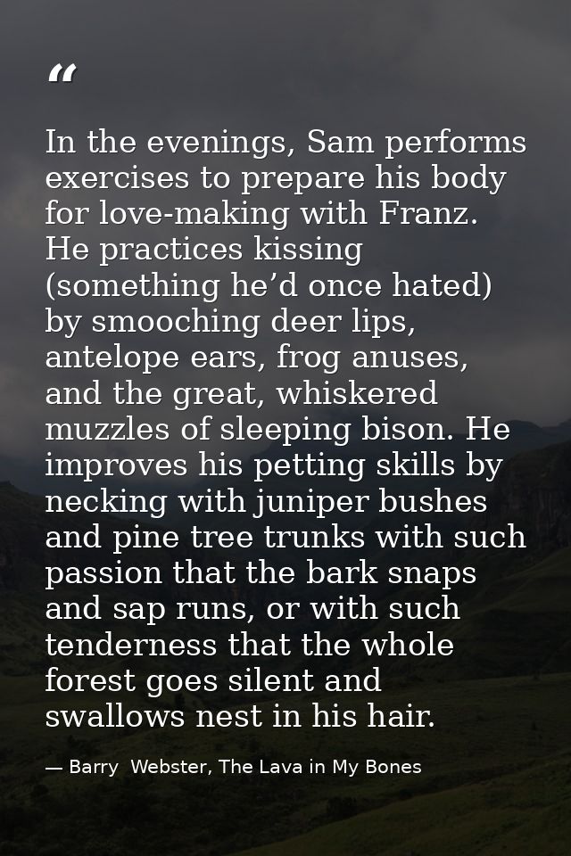 In the evenings, Sam performs exercises to prepare his body for love-making with Franz. He practices kissing (something  — Barry  Webster, The Lava in My Bones