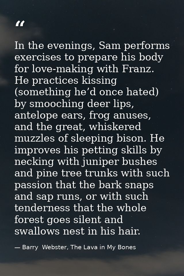 In the evenings, Sam performs exercises to prepare his body for love-making with Franz. He practices kissing (something  — Barry  Webster, The Lava in My Bones