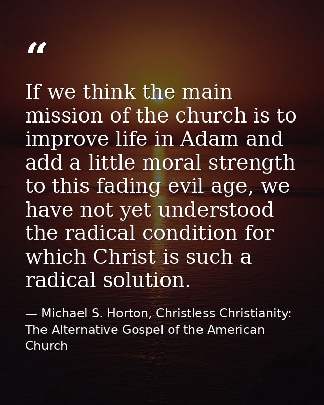 If we think the main mission of the church is to improve life in Adam and add a little moral strength to this fading evi — Michael S. Horton, Christless Christianity: The Alternative Gospel of the American Church