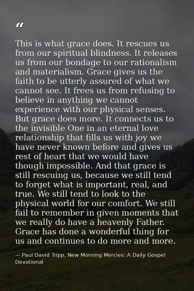 This is what grace does. It rescues us from our spiritual blindness. It releases us from our bondage to our rationalism  — Paul David Tripp, New Morning Mercies: A Daily Gospel Devotional