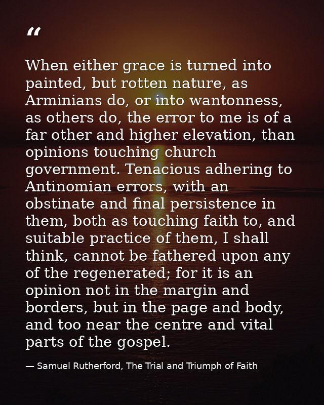 When either grace is turned into painted, but rotten nature, as Arminians do, or into wantonness, as others do, the erro — Samuel Rutherford, The Trial and Triumph of Faith