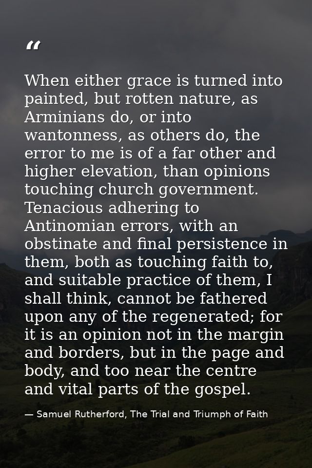 When either grace is turned into painted, but rotten nature, as Arminians do, or into wantonness, as others do, the erro — Samuel Rutherford, The Trial and Triumph of Faith