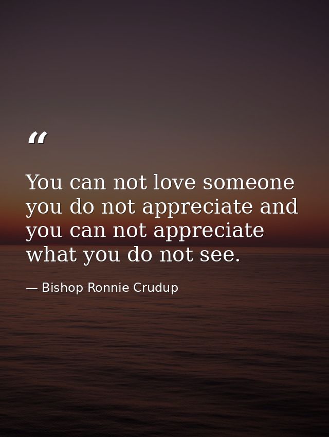 You can not love someone you do not appreciate and you can not appreciate what you do not see. — Bishop Ronnie Crudup