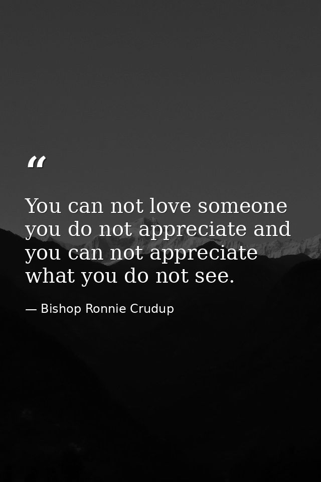 You can not love someone you do not appreciate and you can not appreciate what you do not see. — Bishop Ronnie Crudup