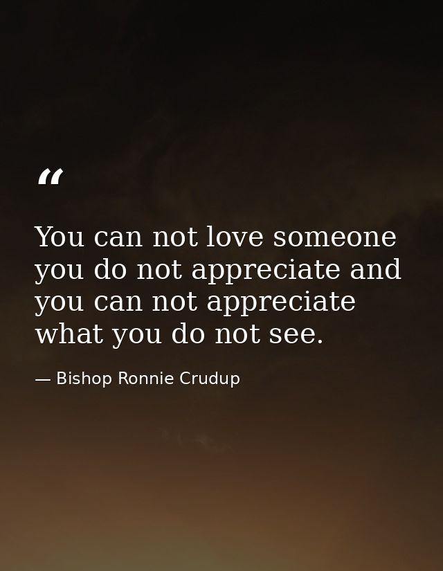 You can not love someone you do not appreciate and you can not appreciate what you do not see. — Bishop Ronnie Crudup