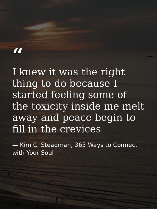I knew it was the right thing to do because I started feeling some of the toxicity inside me melt away and peace begin t — Kim C. Steadman, 365 Ways to Connect with Your Soul