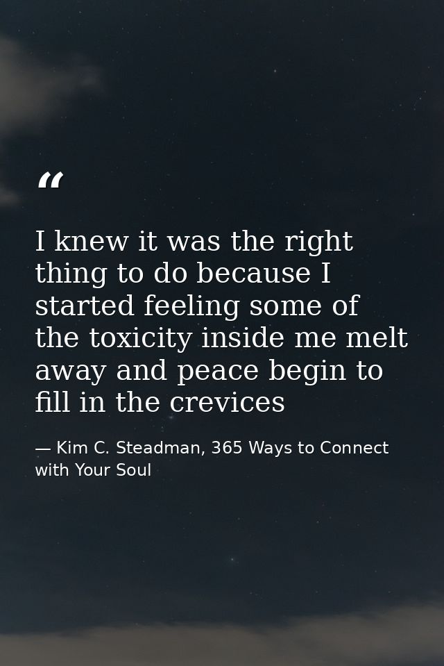 I knew it was the right thing to do because I started feeling some of the toxicity inside me melt away and peace begin t — Kim C. Steadman, 365 Ways to Connect with Your Soul