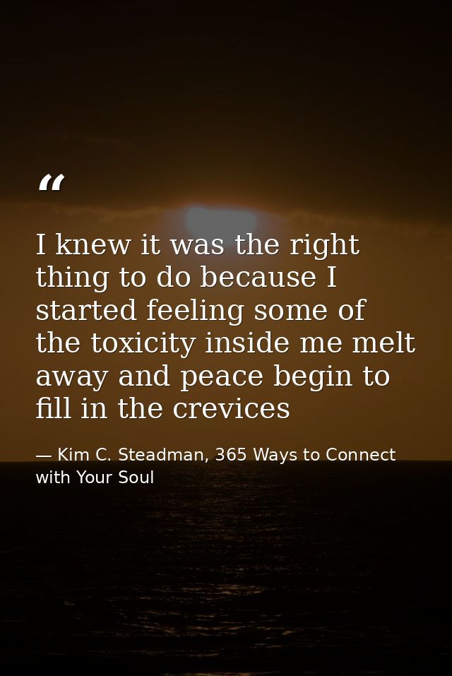 I knew it was the right thing to do because I started feeling some of the toxicity inside me melt away and peace begin t — Kim C. Steadman, 365 Ways to Connect with Your Soul