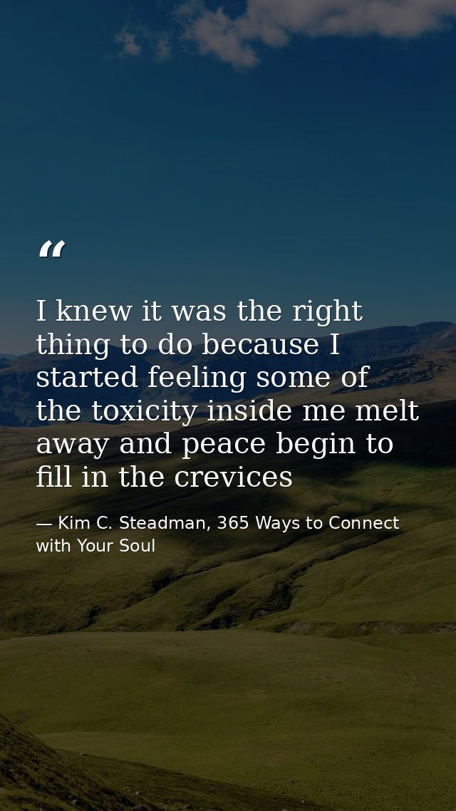 I knew it was the right thing to do because I started feeling some of the toxicity inside me melt away and peace begin t — Kim C. Steadman, 365 Ways to Connect with Your Soul